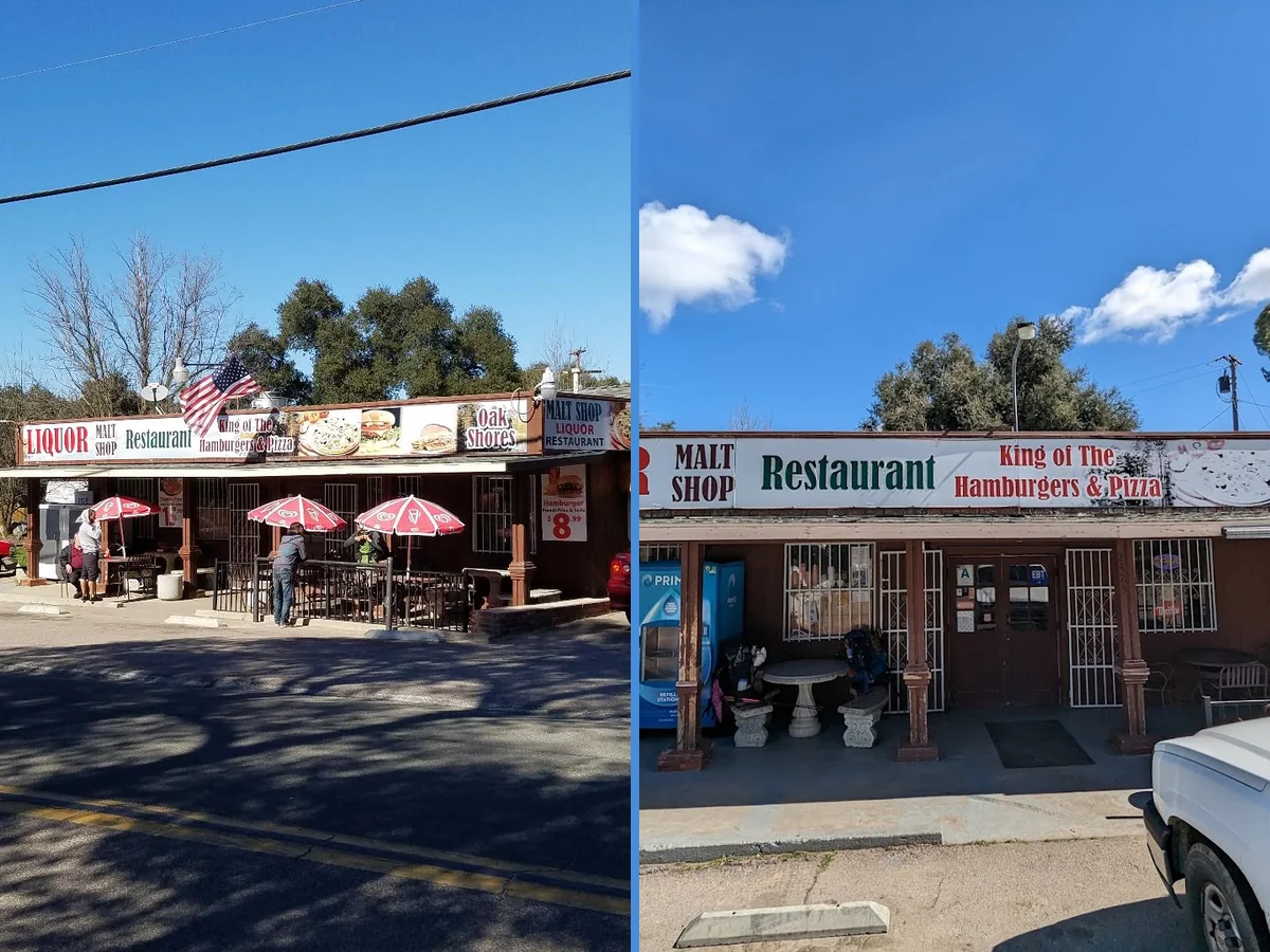 Counter service area with simple restaurant seating.