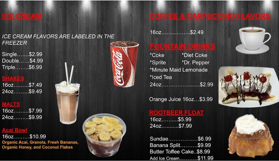 Dessert menu with banana split and root beer float.